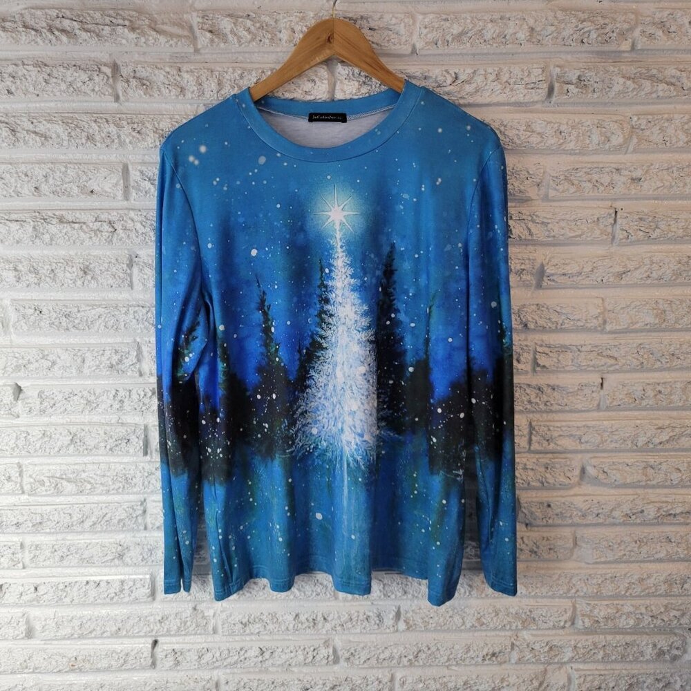 Just Fashion Now Christmas Top XL Blue Holiday Trees Long Sleeve TShirt NOV113XE